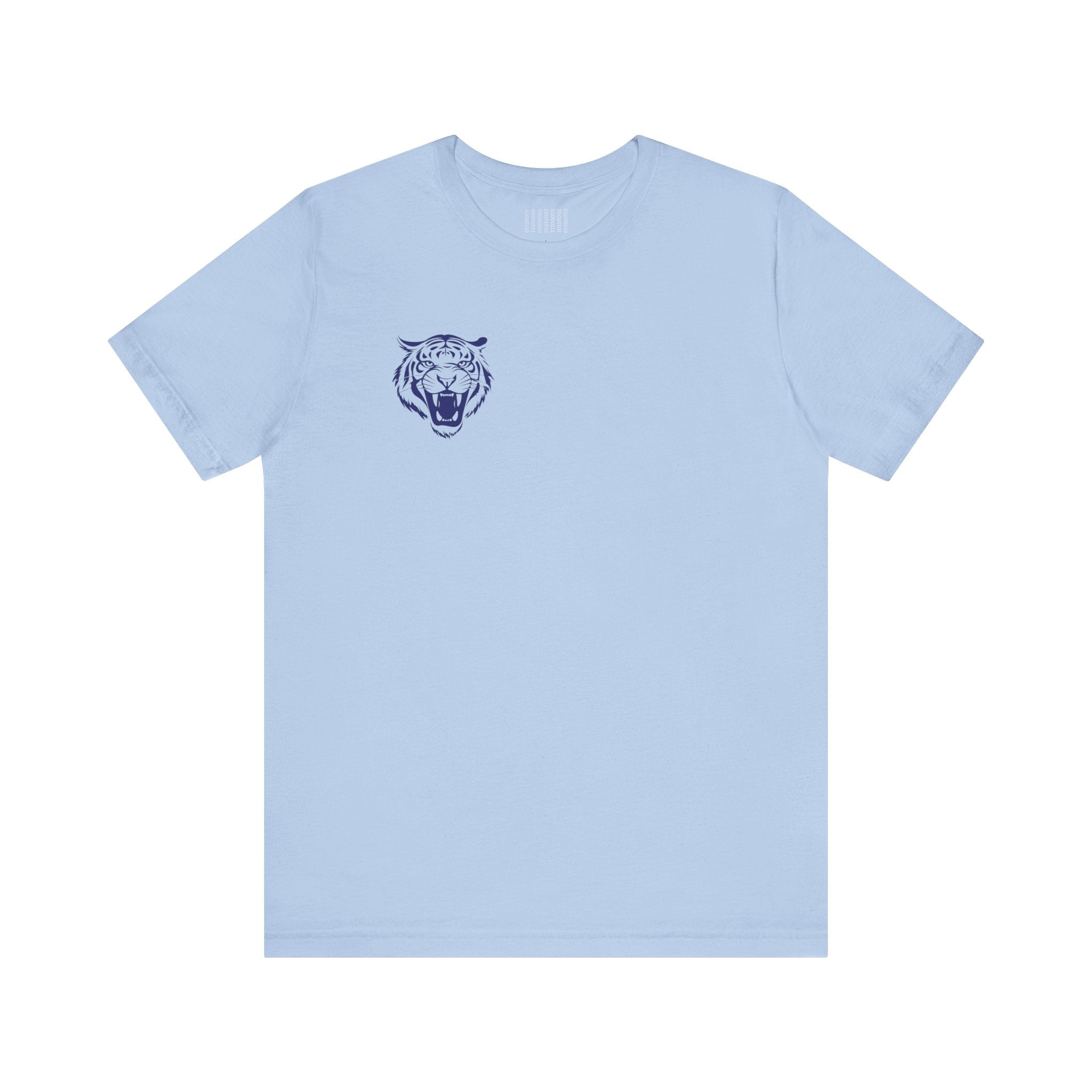 Light blue crew neck tee with mini navy blue roaring tiger head print on left front by Fugitive Tees