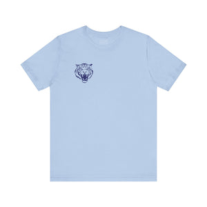 Light blue crew neck tee with mini navy blue roaring tiger head print on left front by Fugitive Tees