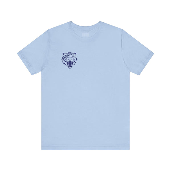 Light blue crew neck tee with mini navy blue roaring tiger head print on left front by Fugitive Tees