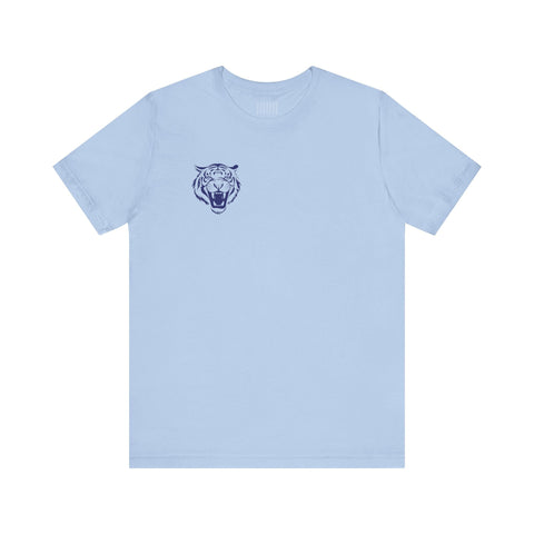 Light blue crew neck tee with mini navy blue roaring tiger head print on left front by Fugitive Tees