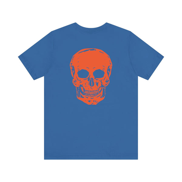Blue t-shirt with large orange skull graphic on back and small orange skull on front, cool skull shirts design