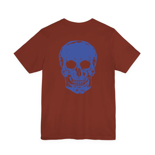 Rust-colored graphic t-shirt with large blue skull design on the back