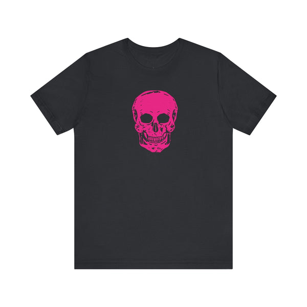 Black unisex short sleeve tee with a vibrant pink skull graphic on the front, made of 100% combed cotton.