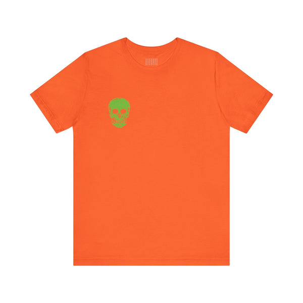 Green Jumbo Skull Back Print with Green Mini Skull Left Front Graphic Tee - Fugitive by Sandra Oles