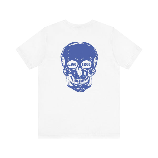 White streetwear tee with oversized blue skull back print featuring "Live Free" text in the eyes