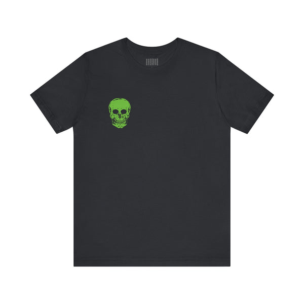 Black t-shirt with neon green mini skull front graphic, skull backpiece tee