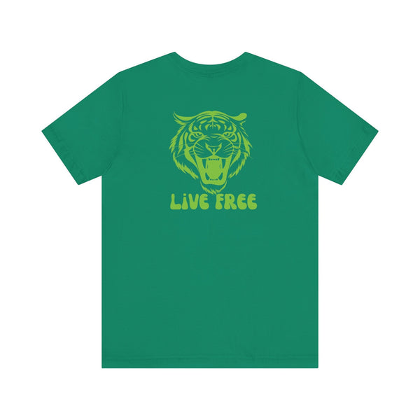 green vintage tiger graphic tee with roaring tiger and live free text on back