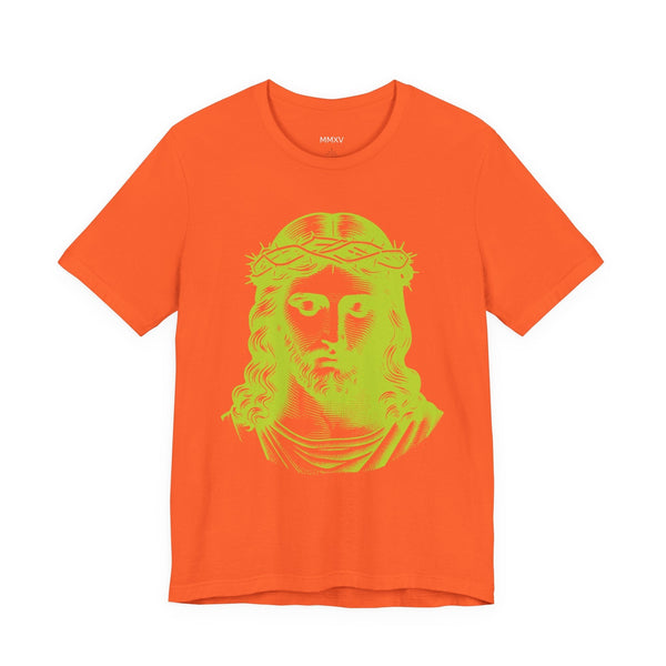 Orange Christian t-shirt with jumbo lime green Jesus graphic and streetstyle edge