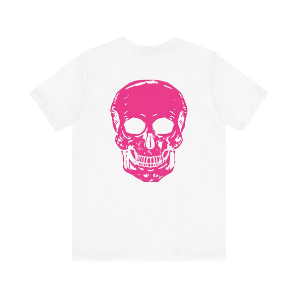White punk rock tee with jumbo hot pink skull graphic on back and mini skull on front chest