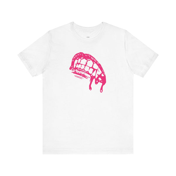 White t-shirt with pink vampire fang bite graphic for gothic fashion fans