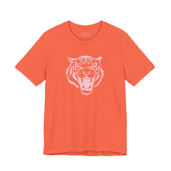 Pink pastel aesthetic t shirt featuring a jumbo roaring tiger head graphic, unisex short sleeve tee with 80s retro style
