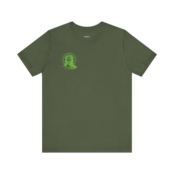 Green Jesus graphic tee with mini front print and jumbo back design, streetwear style cotton shirt