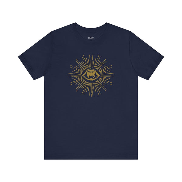Navy blue t-shirt with gold third eye graphic and radiant energy rays, made from soft breathable cotton, unisex fit.