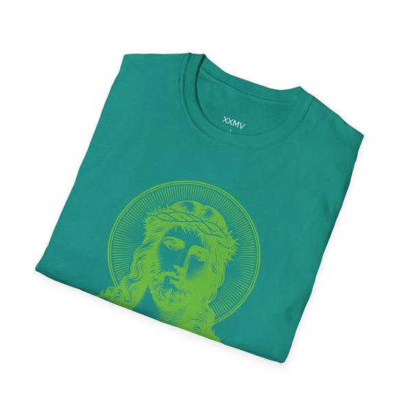 Green spiritual shirt with jumbo halo Jesus front print, unisex softstyle tee by Sandra Oles