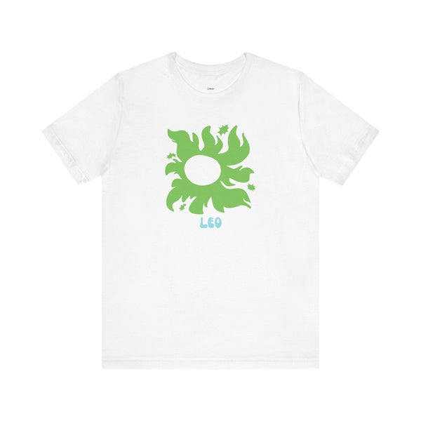 White unisex tee with green Leo sunburst graphic and star accents, soft cotton astrology t-shirt