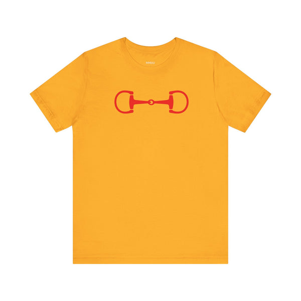 Yellow equestrian t-shirt with red horsebit graphic, soft breathable cotton, heritage style by Sandra Oles.