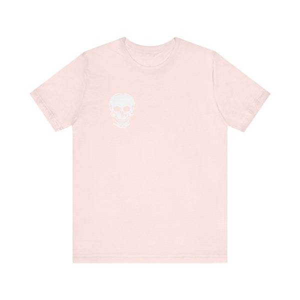 Minimalist white skull graphic on light pink cotton t-shirt front left chest design