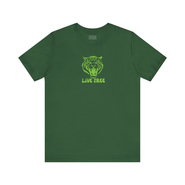 Green Live Free streetwear tee with roaring tiger graphic, unisex, lightweight cotton, casual style