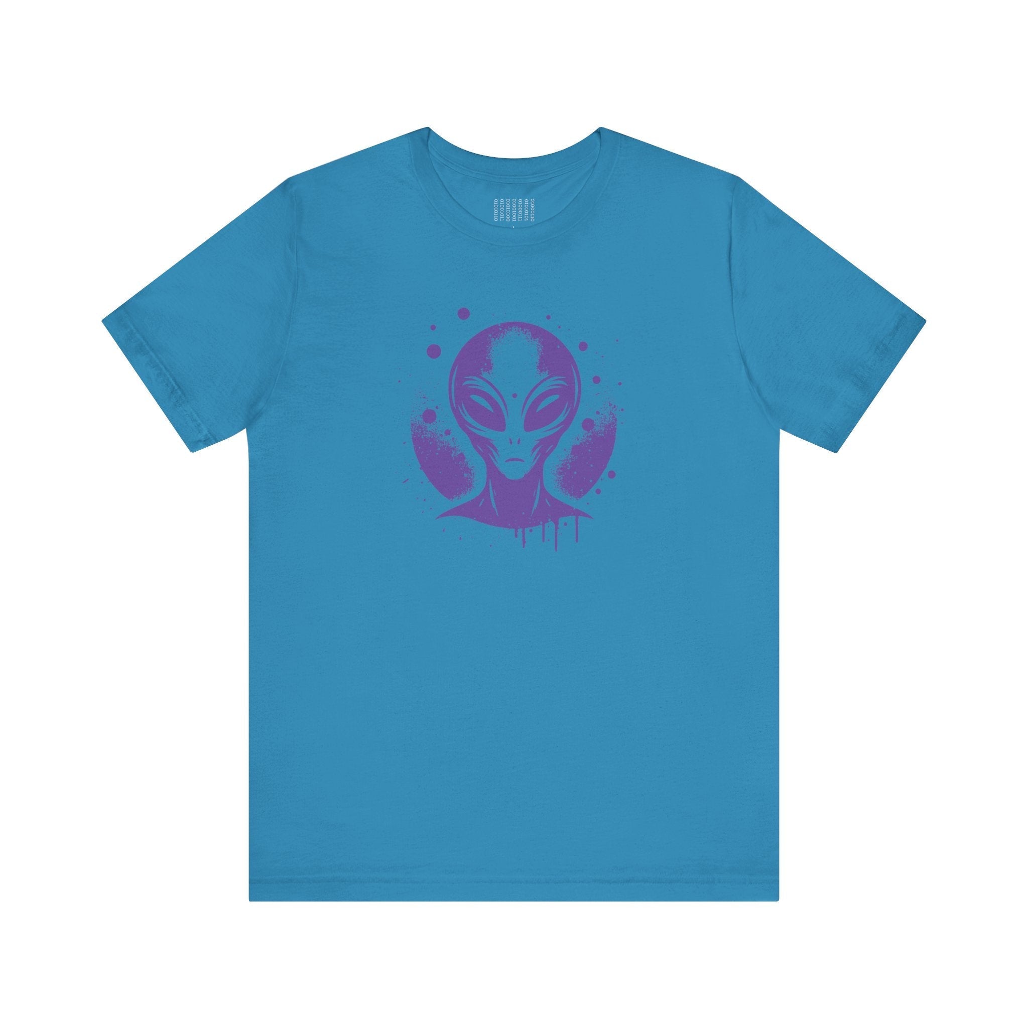Blue streetwear alien t shirt featuring a purple alien graphic inspired by 1980s sci-fi and street art style.