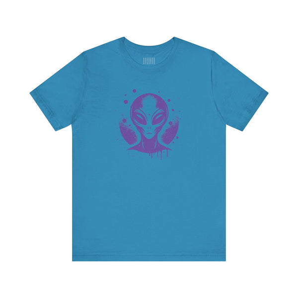Blue streetwear alien t shirt featuring a purple alien graphic inspired by 1980s sci-fi and street art style.