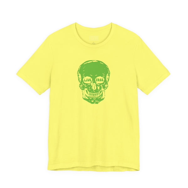 Yellow skull print t-shirt with "Live Free" text and soft breathable fabric