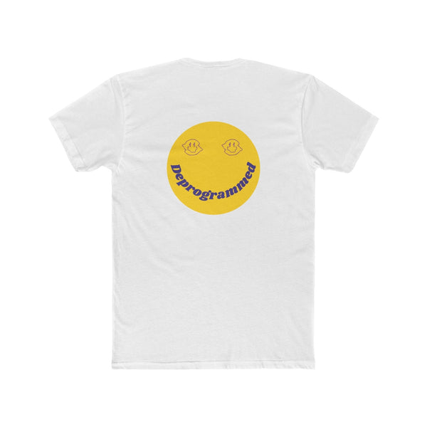 White 1990's rave t-shirt with large yellow smiley face and "Deprogrammed" text backprint, streetwear style