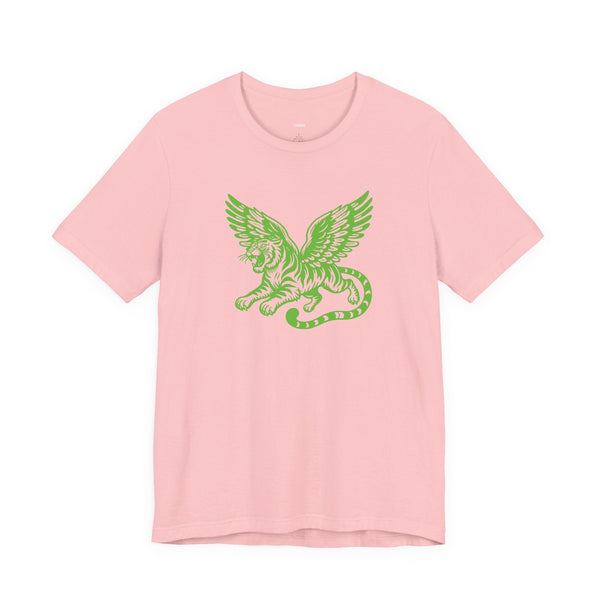 Pink unisex t-shirt with neon green winged tiger graphic front print
