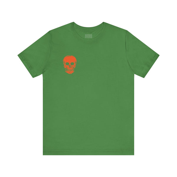 Orange Jumbo Skull Back Print featuring a Mini Orange Skull left Front Graphic Tee