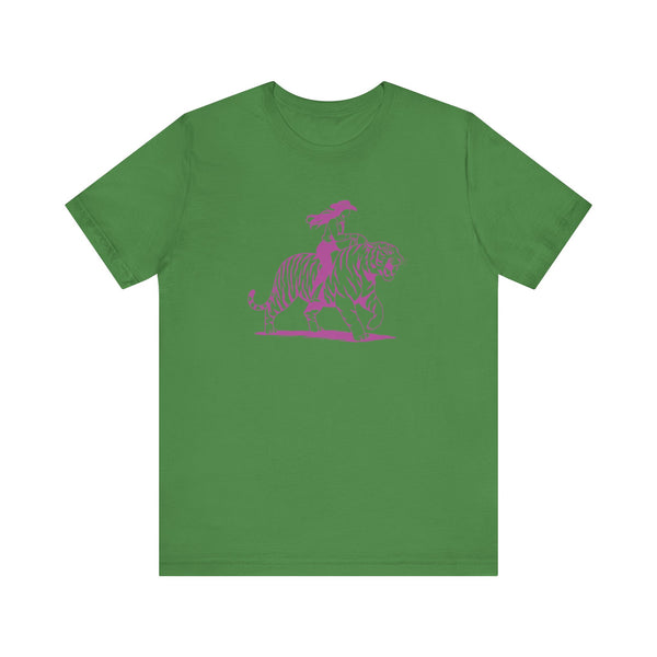 Cowgirl Riding Tiger Front Print Graphic Tee - Retro Style with Humor