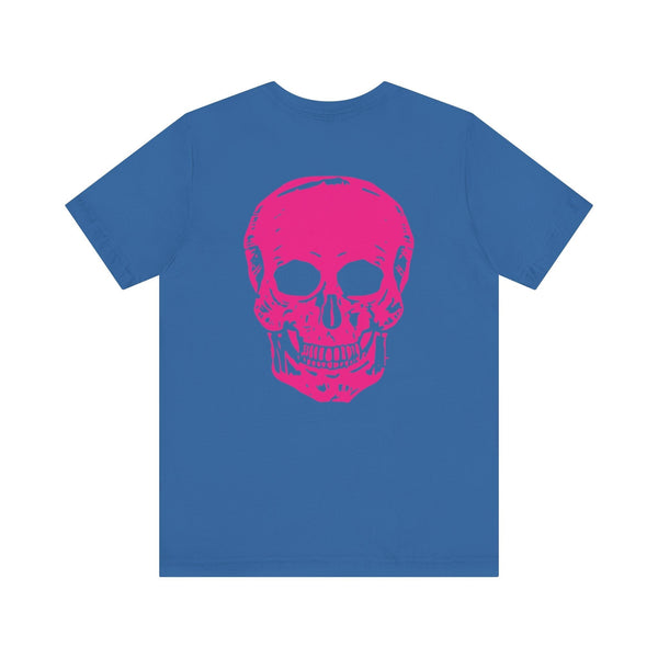 Blue mini tee with bold pink skull print on left chest punk rock style