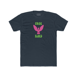 Free Bird graphic tee with neon pink bird and retro green bubble lettering on navy cotton shirt