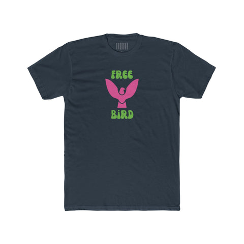 Free Bird graphic tee with neon pink bird and retro green bubble lettering on navy cotton shirt