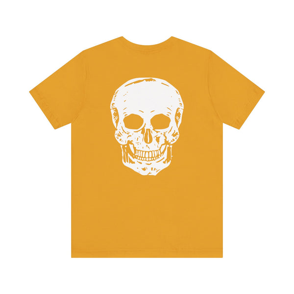 Yellow graphic tee with large white skull back print and mini skull front print