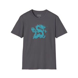 Unisex dark gray t-shirt with electric blue dragon graphic from Fugitive Tees collection