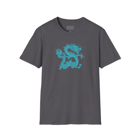 Unisex dark gray t-shirt with electric blue dragon graphic from Fugitive Tees collection