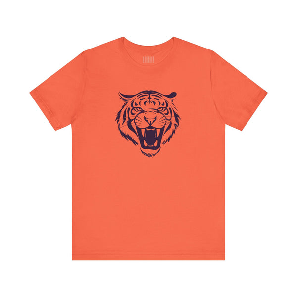 Orange tee with navy blue roaring tiger head graphic front print