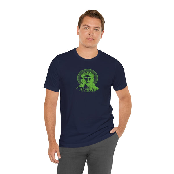 man wearing navy blue t-shirt with green Jesus halo front print graphic tee, casual streetwear style