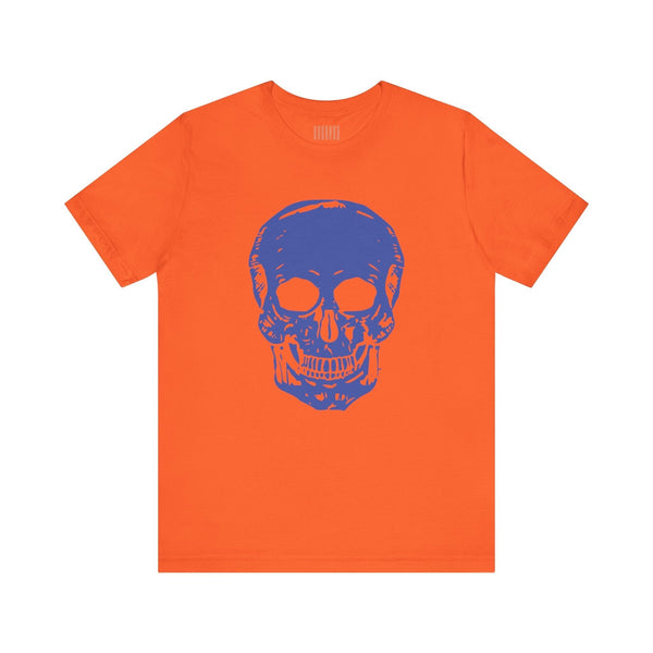 Orange skull tee with a large blue skull graphic on the front, made from soft cotton, designed for bold streetwear style.