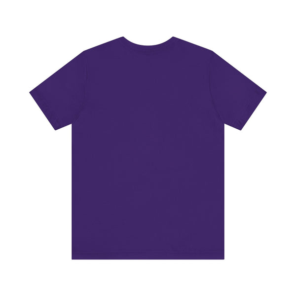 Purple unisex jersey short sleeve tee with neon green winged tiger graphic front print