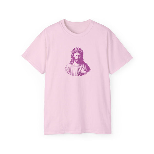 Magenta Jesus graphic t-shirt in mid-scale size with ribbed collar and sustainable cotton fabric