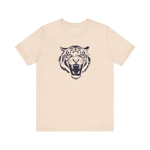 Navy blue roaring tiger head graphic on beige retro tee shirt