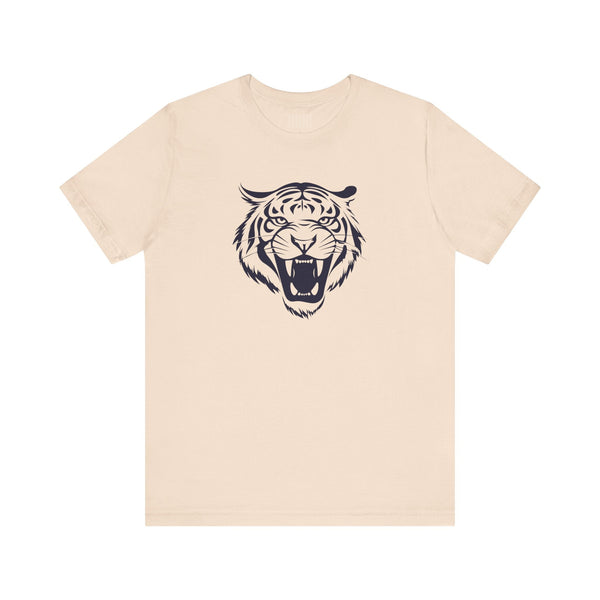 Navy blue roaring tiger head graphic on beige retro tee shirt