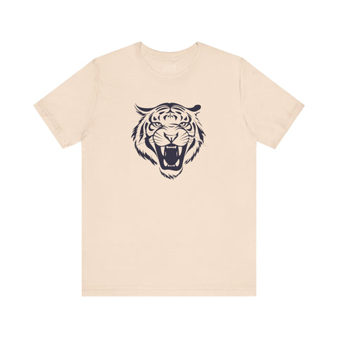 Navy blue roaring tiger head graphic on beige retro tee shirt