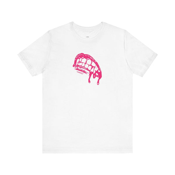 White vampire t shirt with bold pink dripping fangs graphic for edgy streetwear style