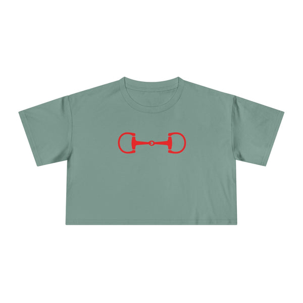 Green cropped tee with red horsebit design and dropped shoulder style by Heritage by Sandra Oles