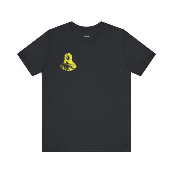 Yellow Mini Jesus in Crown of Thorns Front Left Print Graphic Tee - Iconic by Sandra Oles