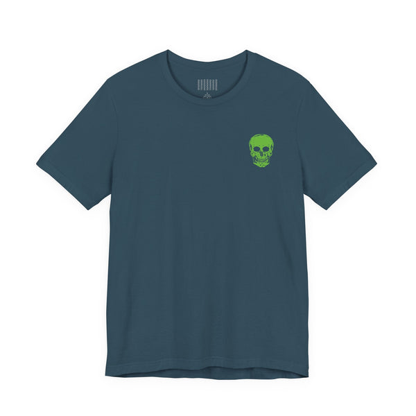 Navy streetwear t shirt with small green skull graphic on chest, unisex short sleeve tee by Sandra Oles