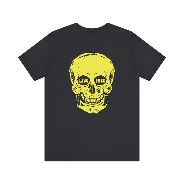 Black indie style t-shirt with jumbo yellow skull back print featuring "LIVE FREE" lettering in the eyes