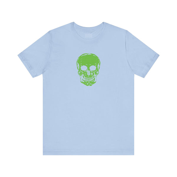 Light blue tee with green skull graphic front skull streetwear design