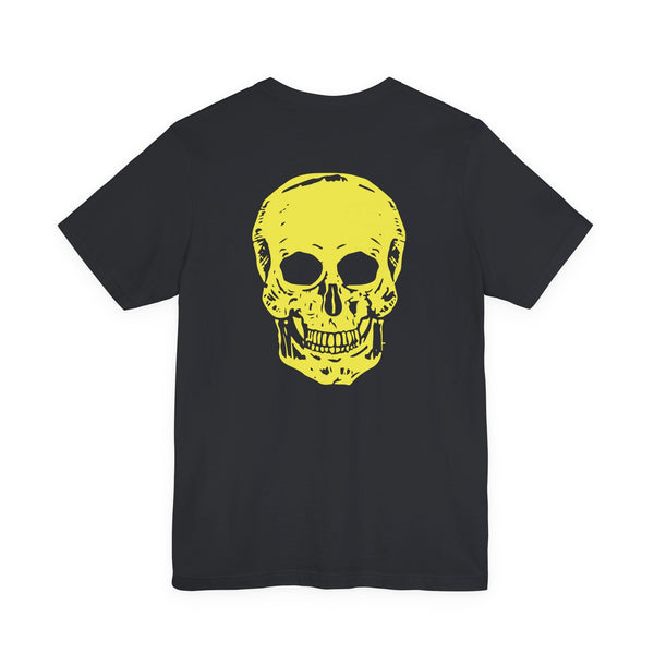 Black tee with large yellow skull graphic on back, underground style streetwear design